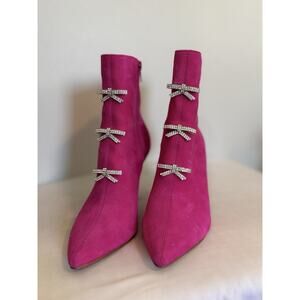 Gianni Bini Velvet Heel Bootie Barbie Pink Sz 7 Silver Bows Rhinestone EUC